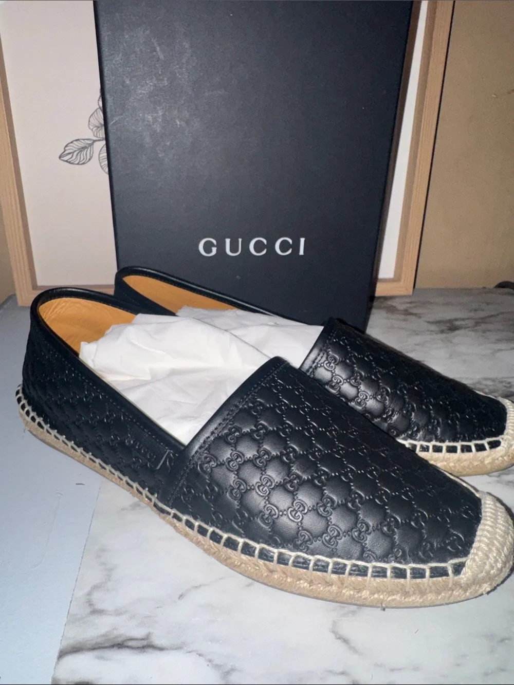 Gucci Black Leather Espadrille Slip-On Mules